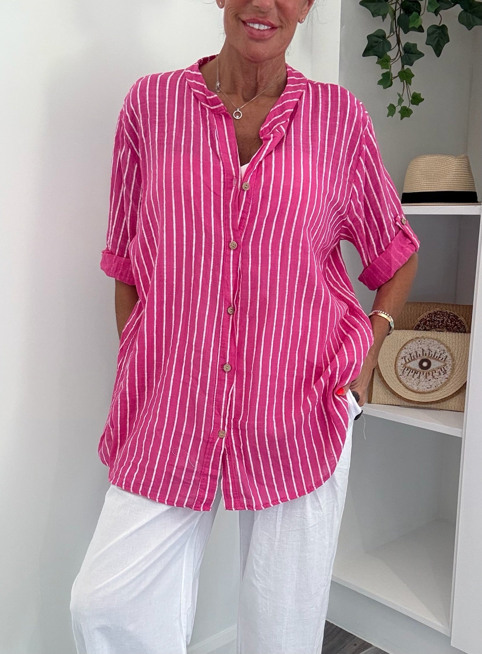Cotton Stripe Oversized Shirt - Pink/White