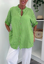 Cotton Stripe Oversized Shirt - Green/White