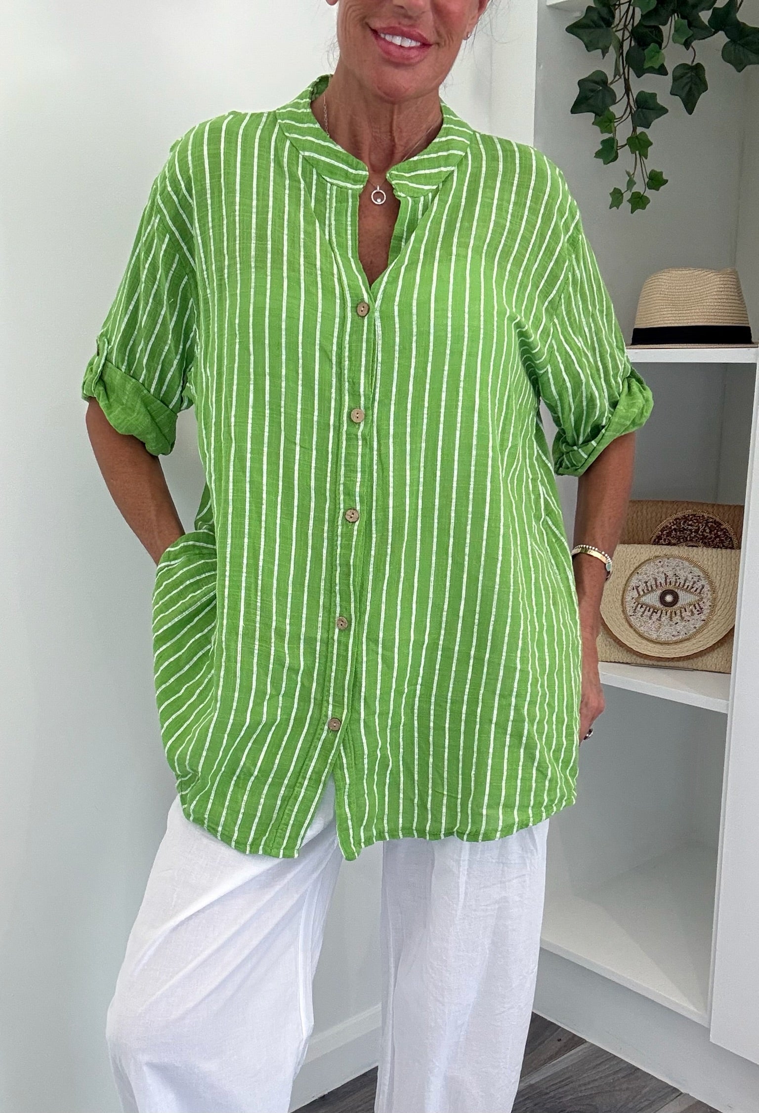 Cotton Stripe Oversized Shirt - Green/White