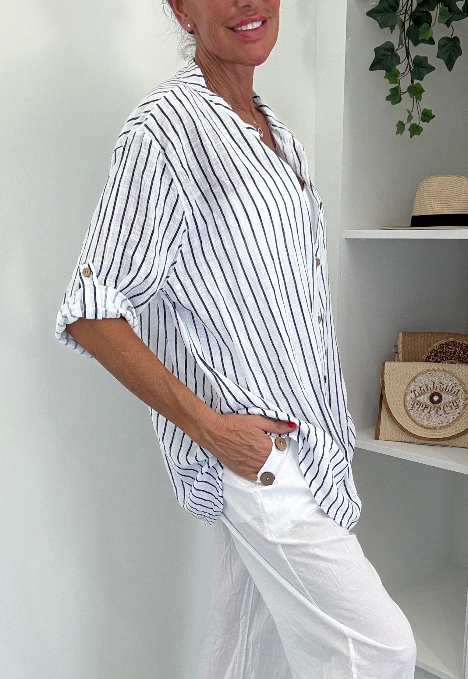 Cotton Stripe Oversized Shirt - White/Black