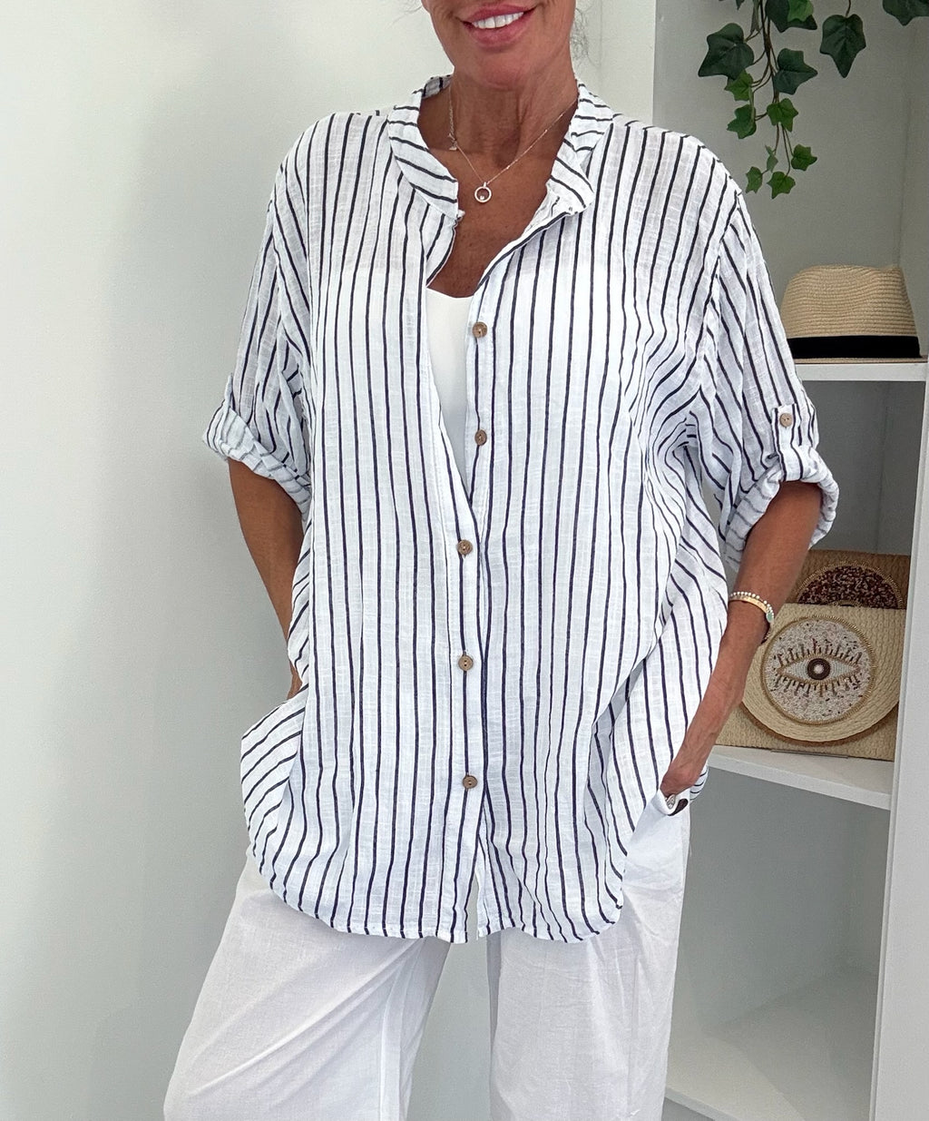 Cotton Stripe Oversized Shirt - White/Black