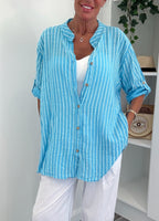 Cotton Stripe Oversized Shirt - Blue/White