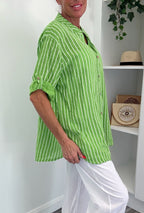 Cotton Stripe Oversized Shirt - Green/White