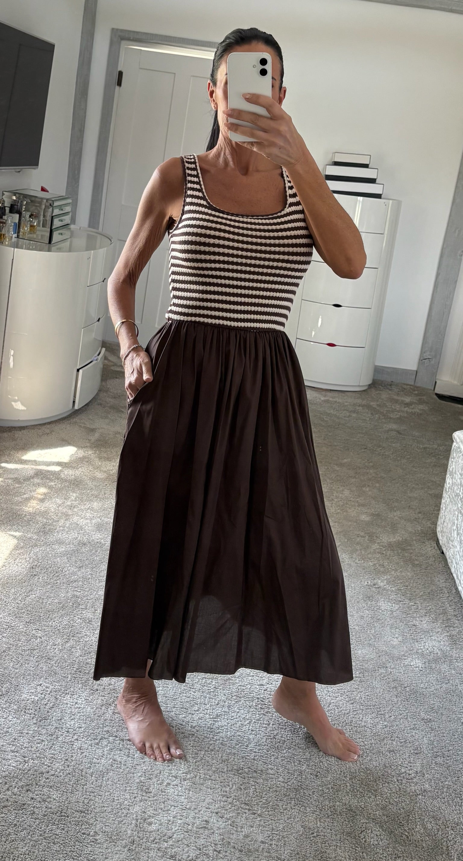 Stripe Knit Bodice Maxi Dress - Brown