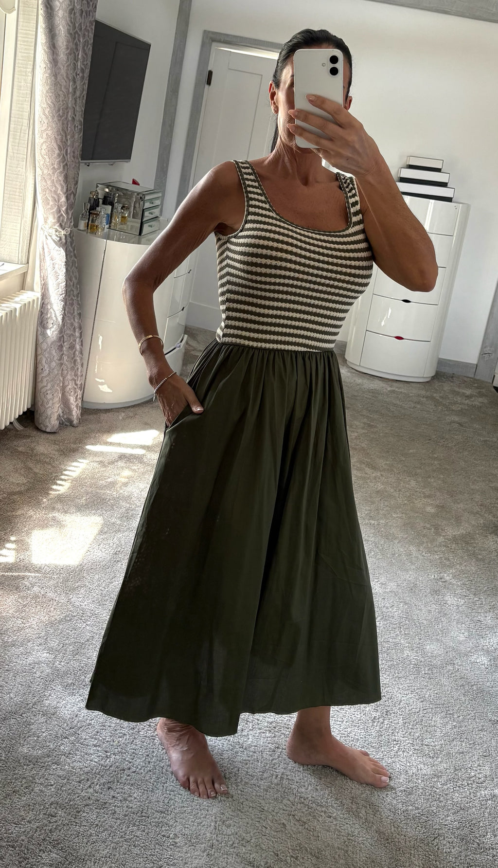 Stripe Knit Bodice Maxi Dress - Khaki