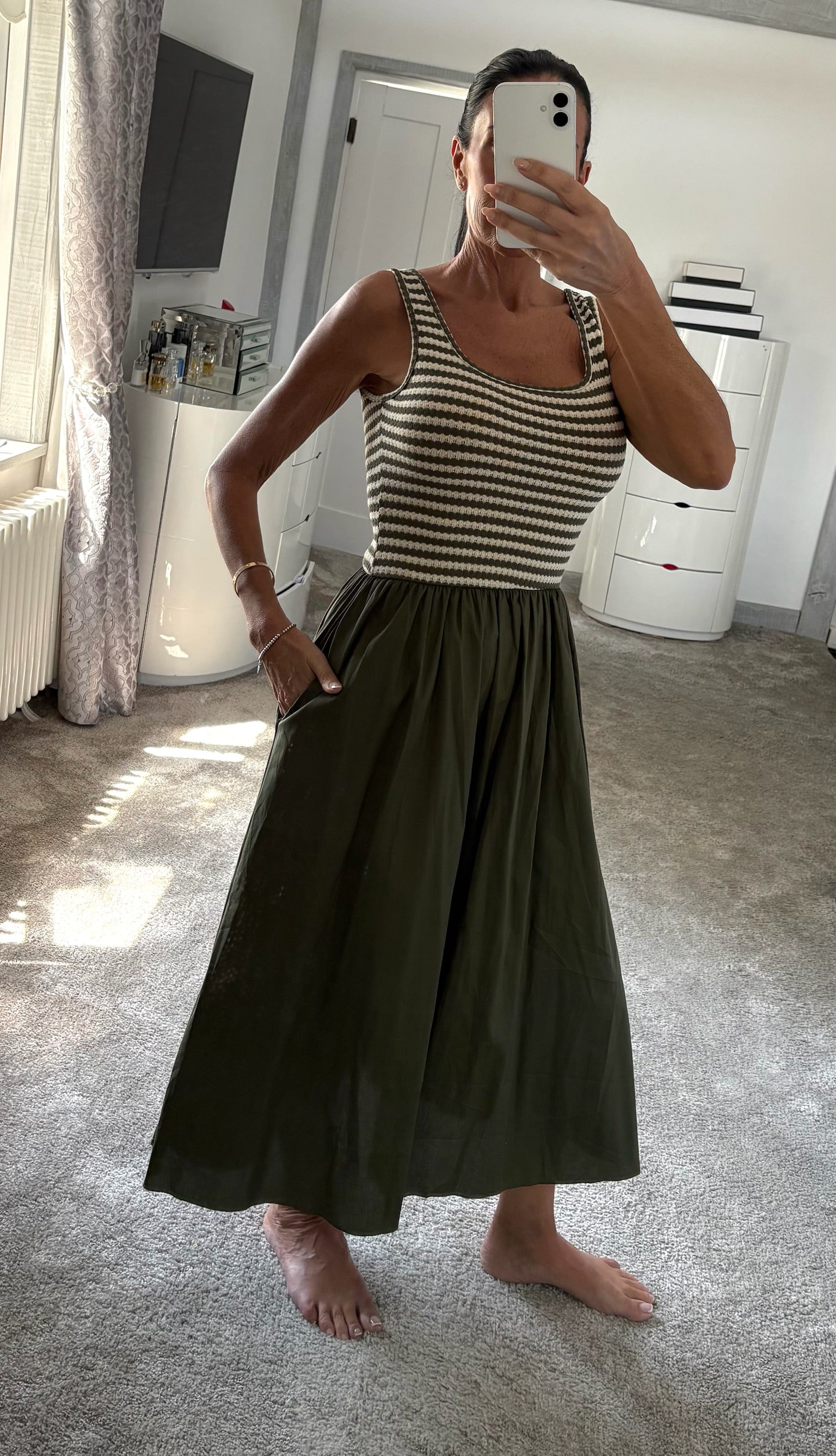 Stripe Knit Bodice Maxi Dress - Khaki
