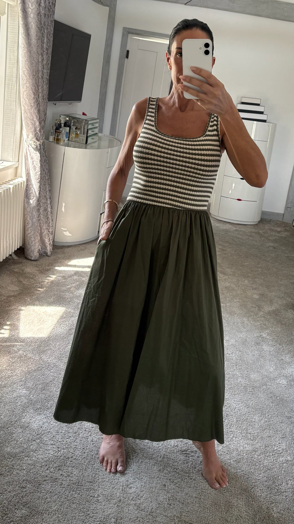 Stripe Knit Bodice Maxi Dress - Khaki