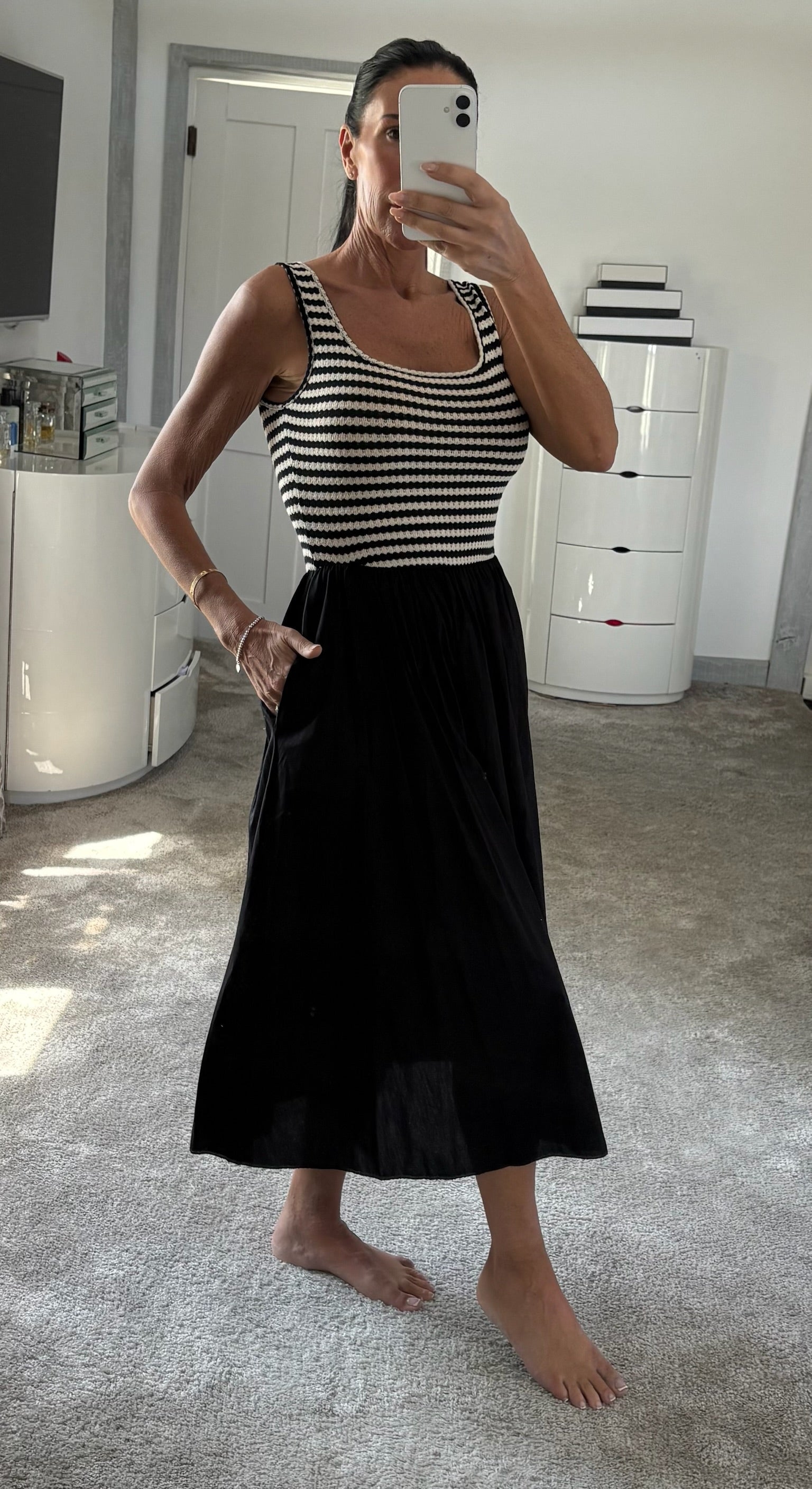 Stripe Knit Bodice Maxi Dress - Black