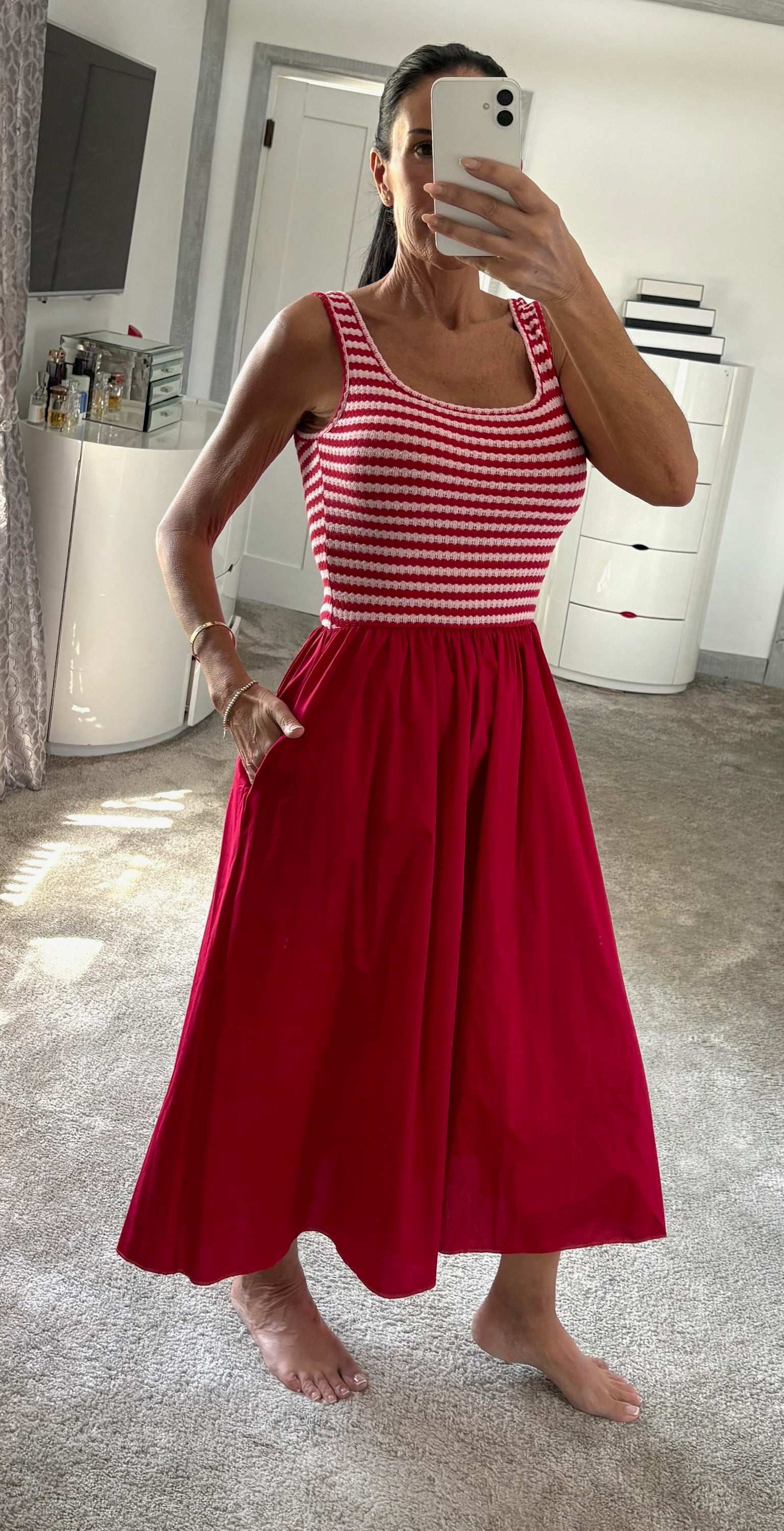 Stripe Knit Bodice Maxi Dress - Red