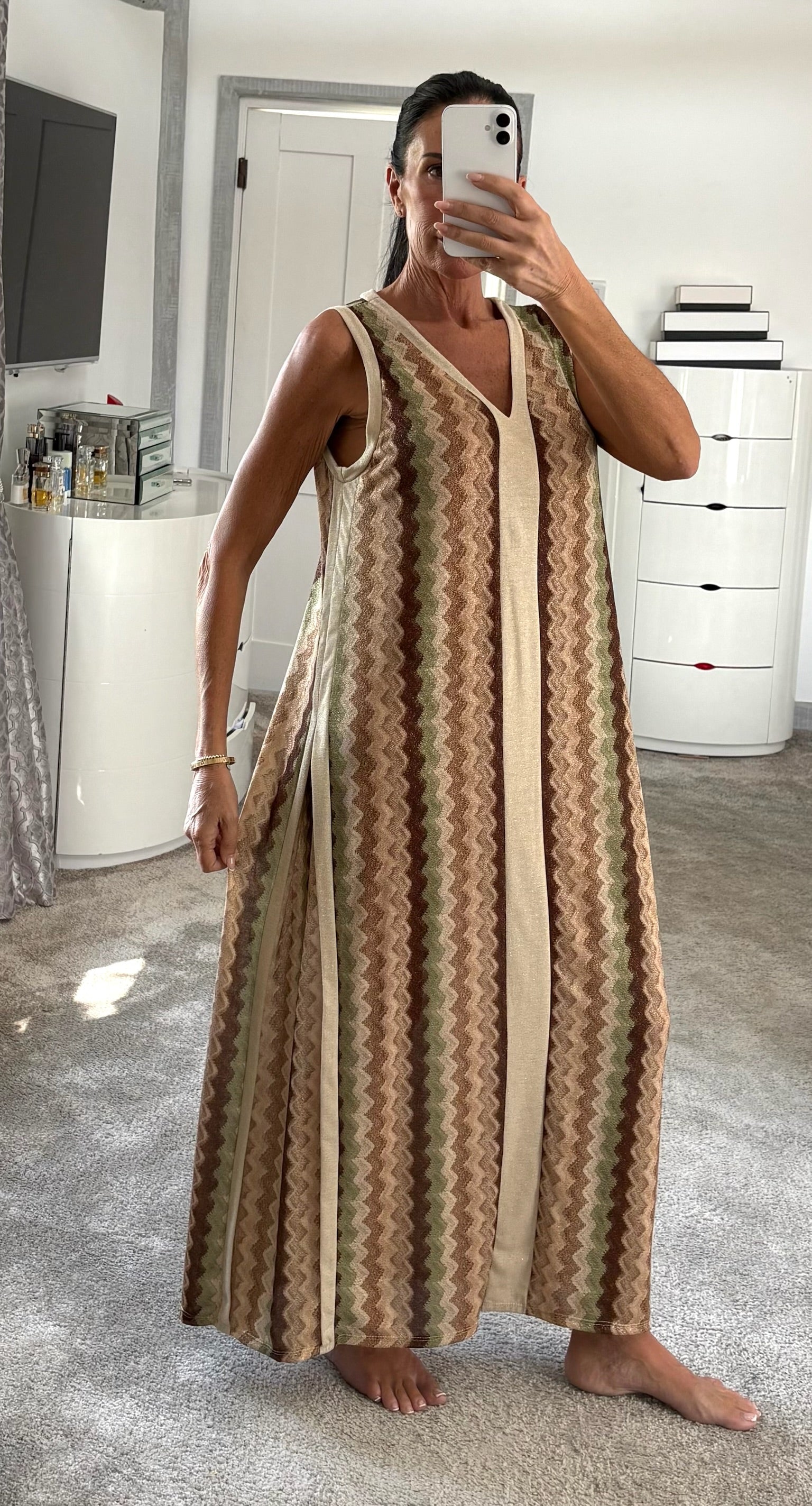 Shimmer Side Detail Stretch Maxi Dress - Beige