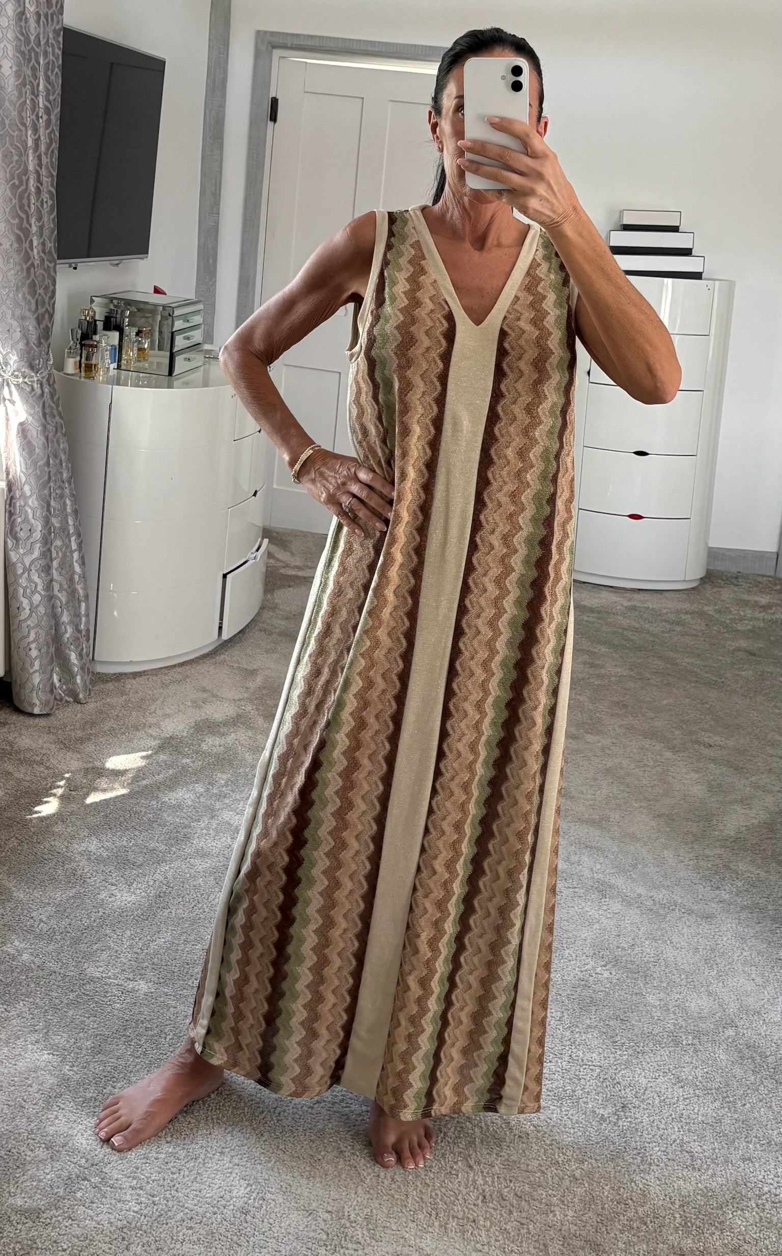 Shimmer Side Detail Stretch Maxi Dress - Beige