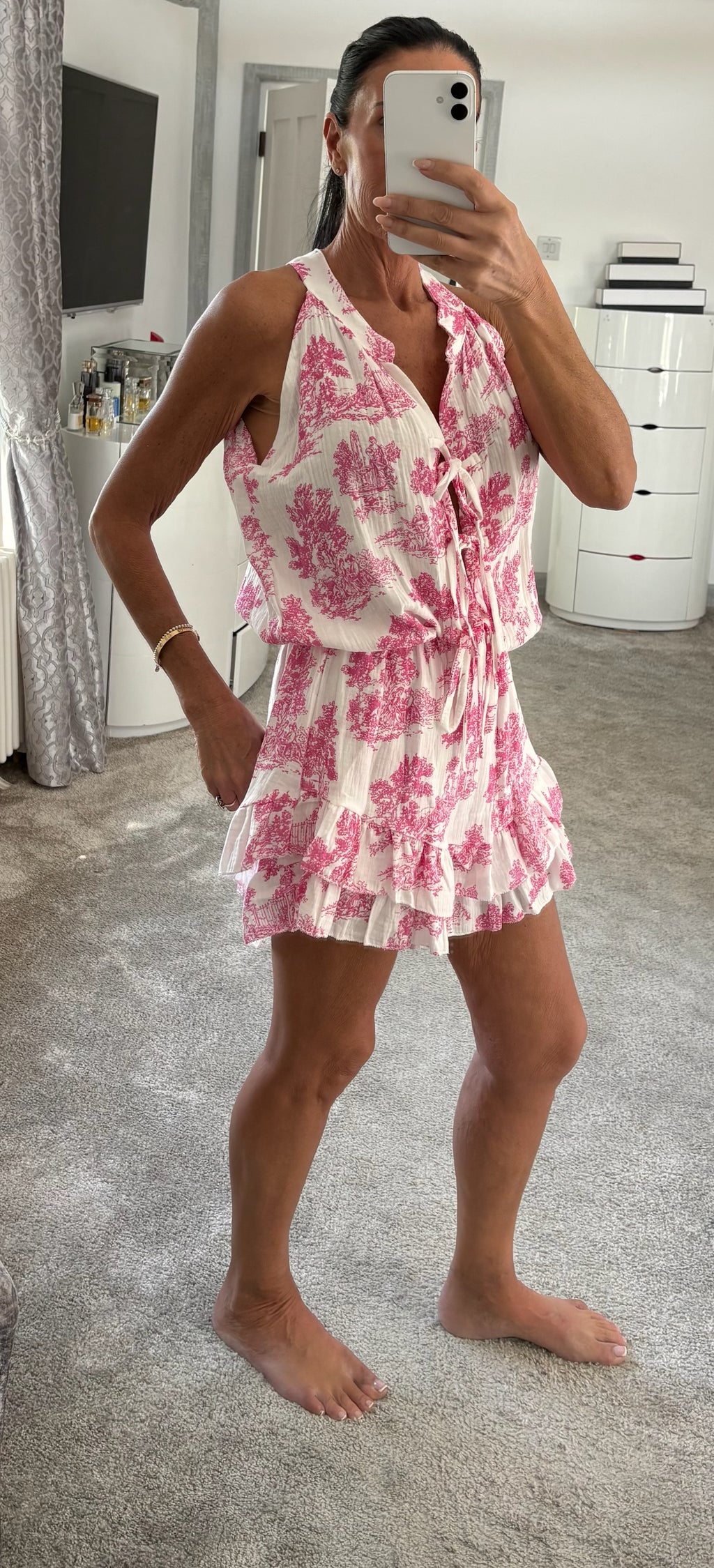 Toile Tie Front Cheesecloth Playsuit - Pink
