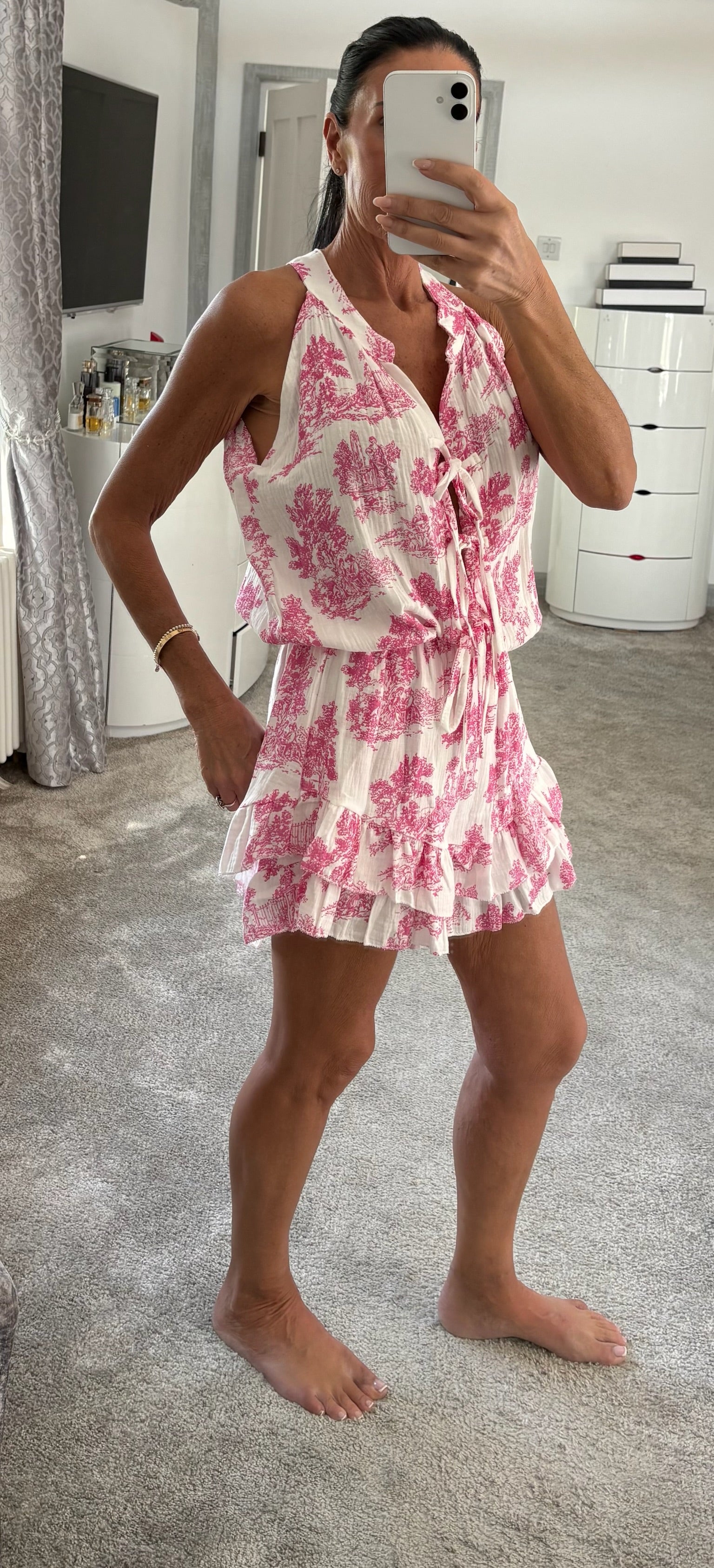 Toile Tie Front Cheesecloth Playsuit - Pink