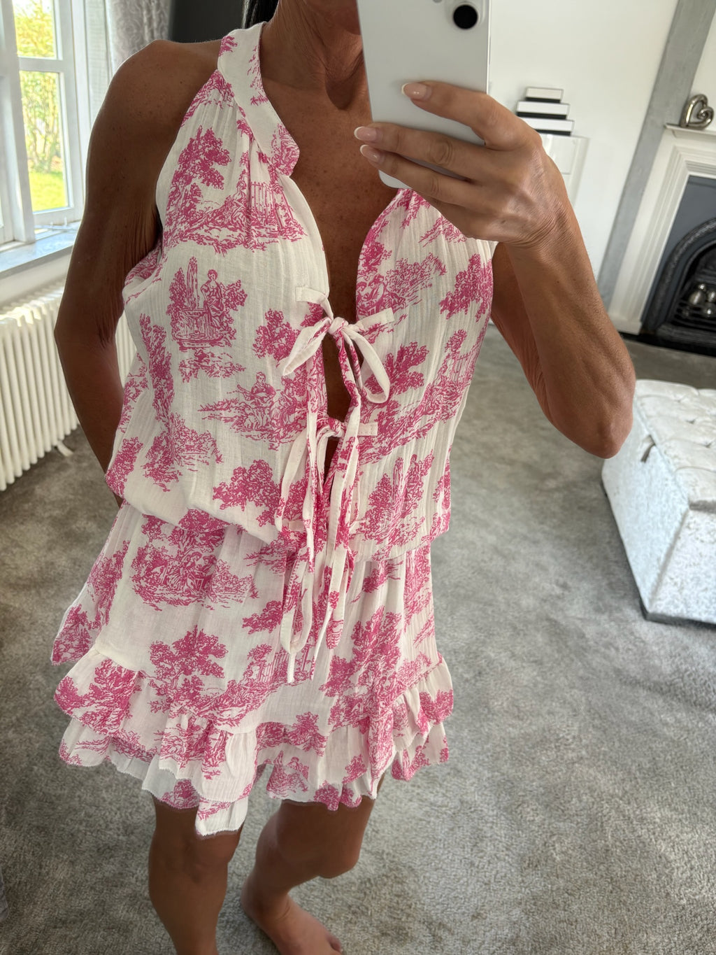Toile Tie Front Cheesecloth Playsuit - Pink