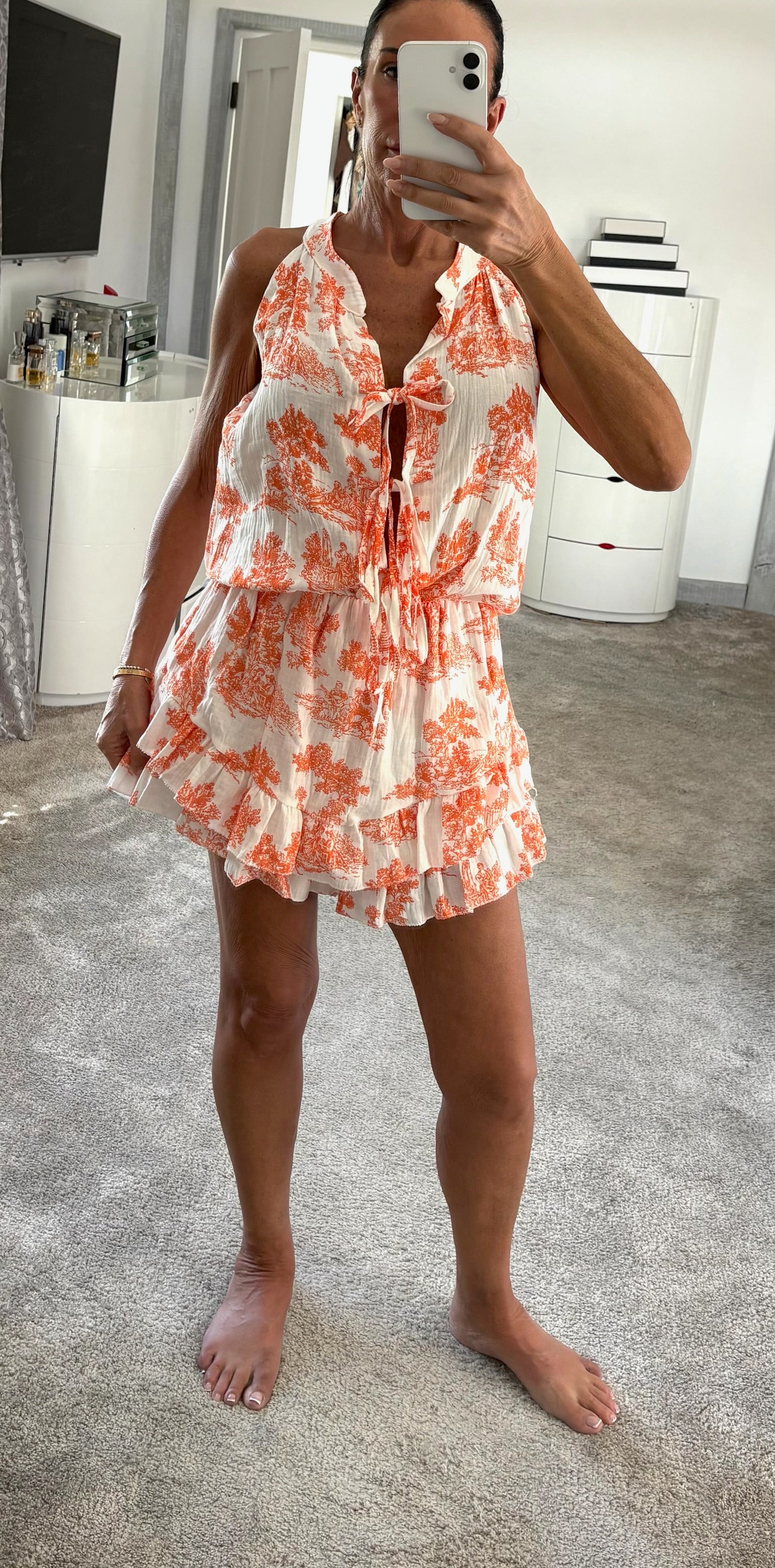 Toile Tie Front Cheesecloth Playsuit - Orange