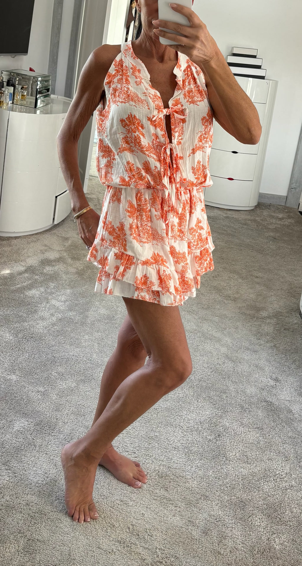 Toile Tie Front Cheesecloth Playsuit - Orange