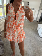 Toile Tie Front Cheesecloth Playsuit - Orange