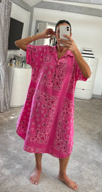 Bandana Cheesecloth Shirt Dress - Bright Pink