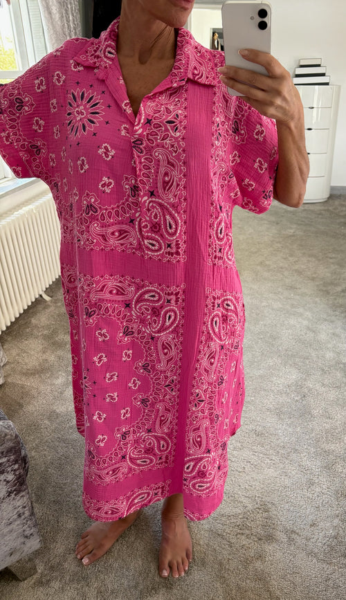 Bandana Cheesecloth Shirt Dress - Bright Pink