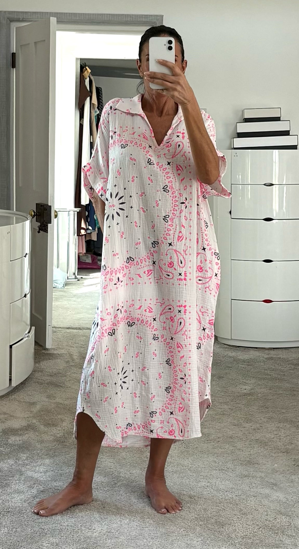 Bandana Cheesecloth Shirt Dress - White / Neon Pink