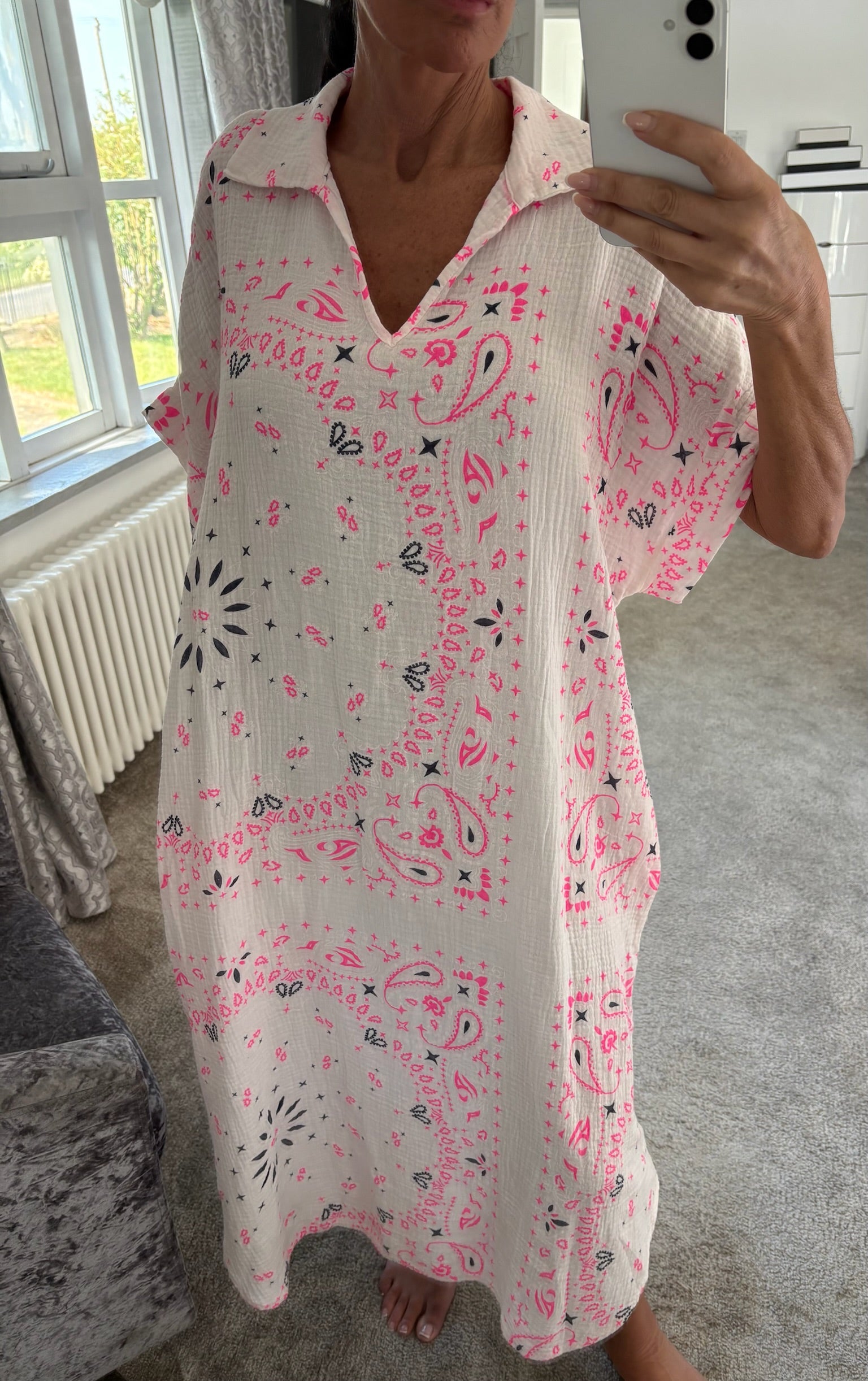 Bandana Cheesecloth Shirt Dress - White / Neon Pink