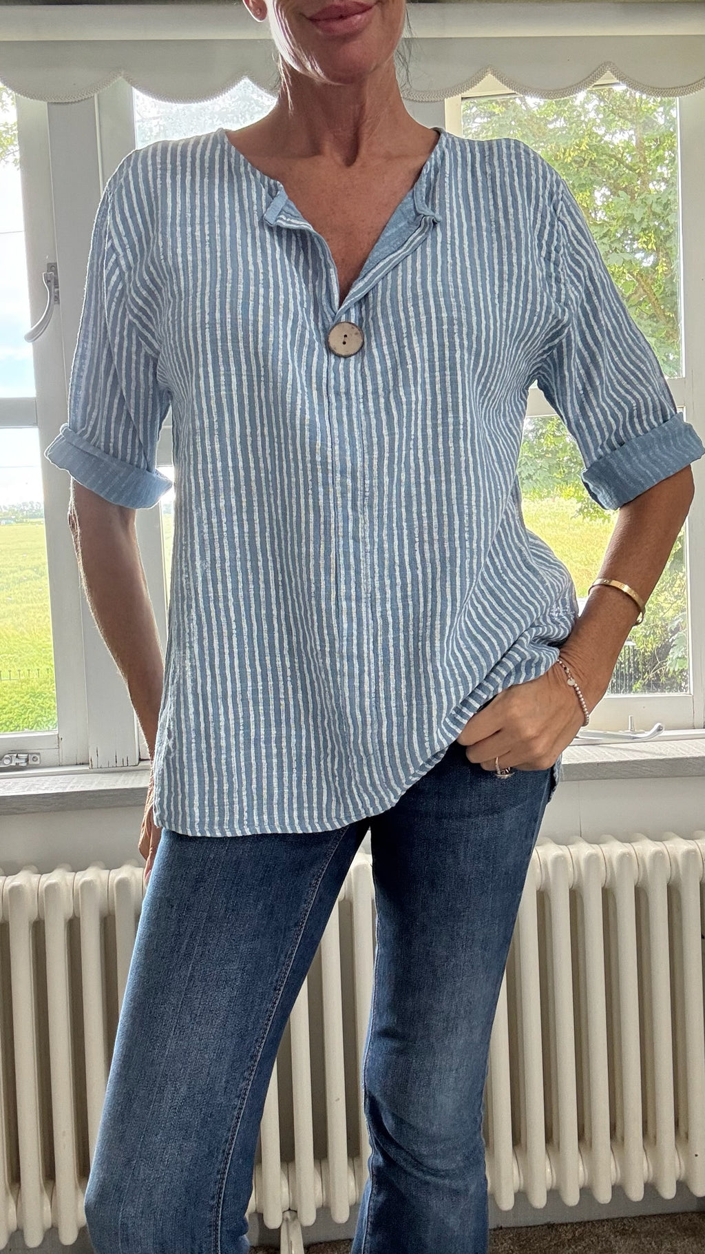Cotton Button Detail Top - Denim Blue