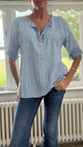 Cotton Button Detail Top - Denim Blue