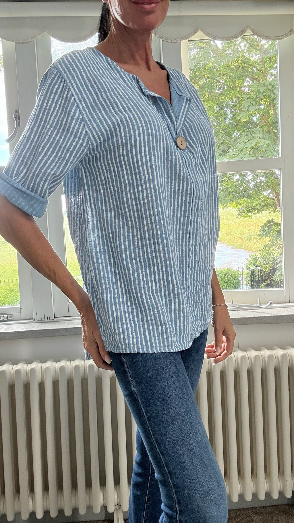 Cotton Button Detail Top - Denim Blue