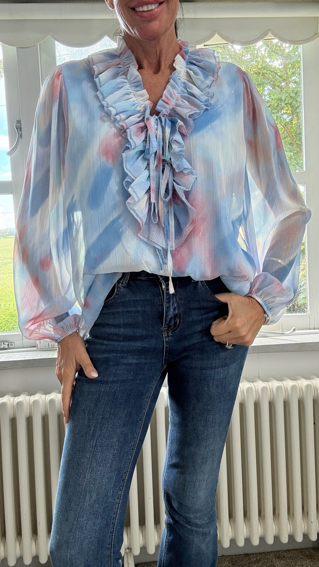 Ruffled Chiffon Blouse - Blue Multi