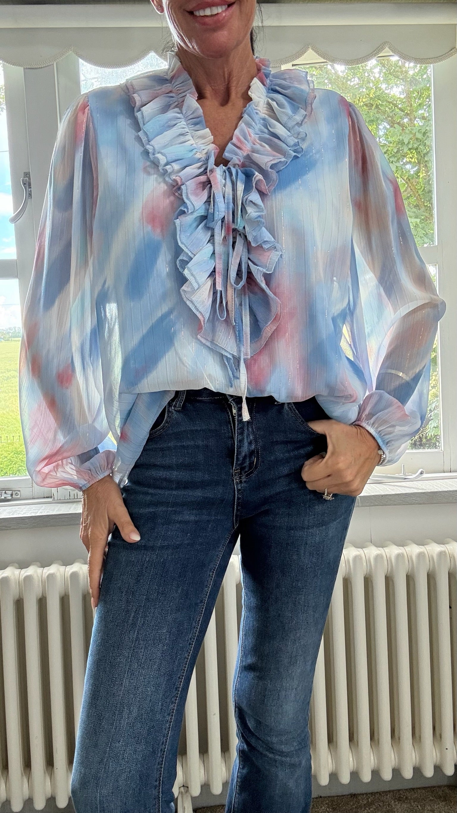 Ruffled Chiffon Blouse - Blue Multi