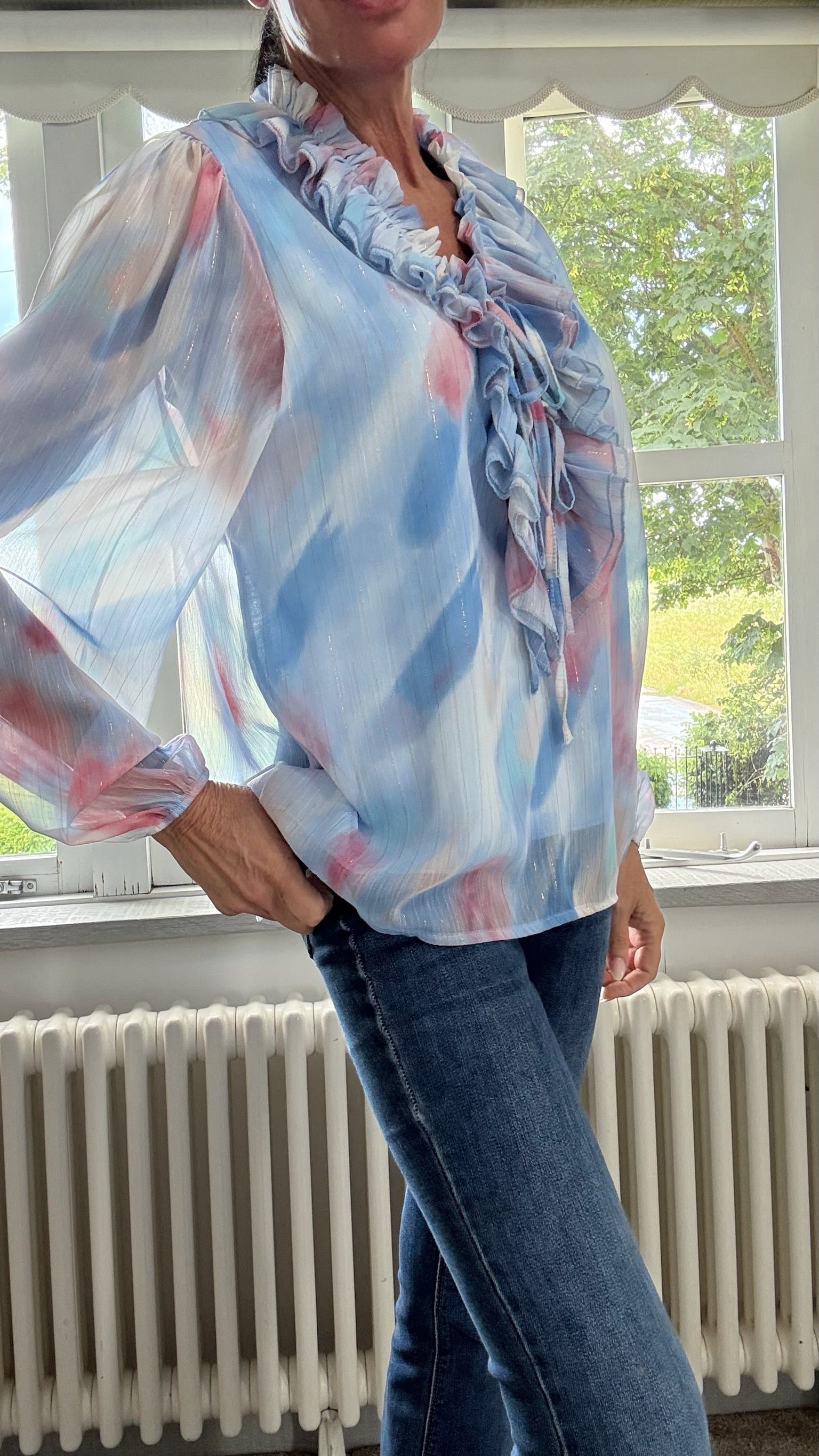 Ruffled Chiffon Blouse - Blue Multi