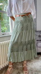 Lace Panel Maxi Skirt - Green