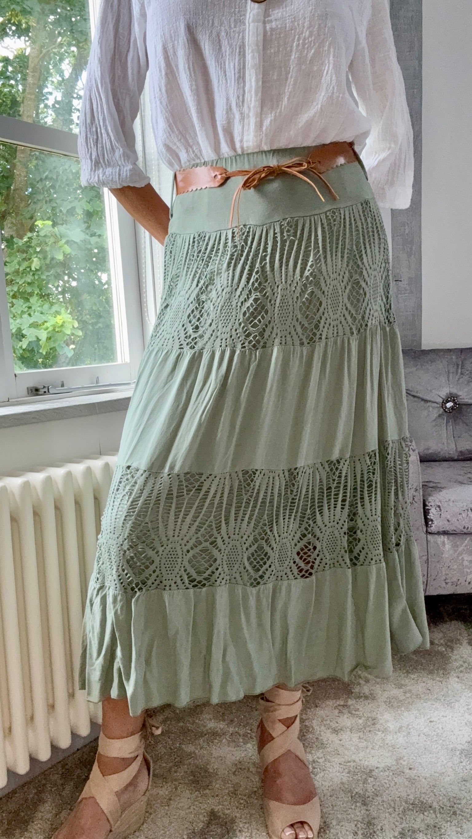 Lace Panel Maxi Skirt - Green