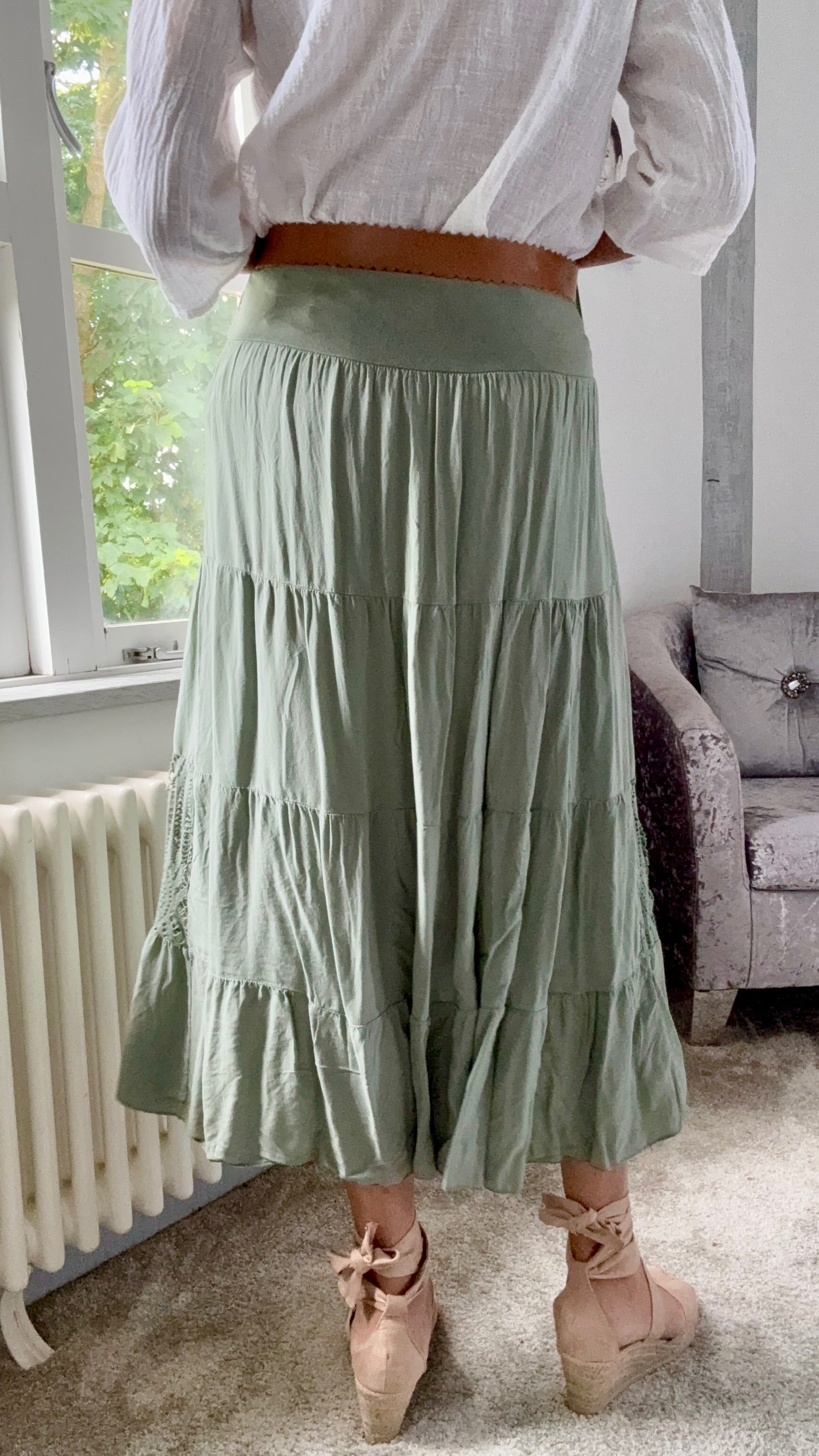 Lace Panel Maxi Skirt - Green