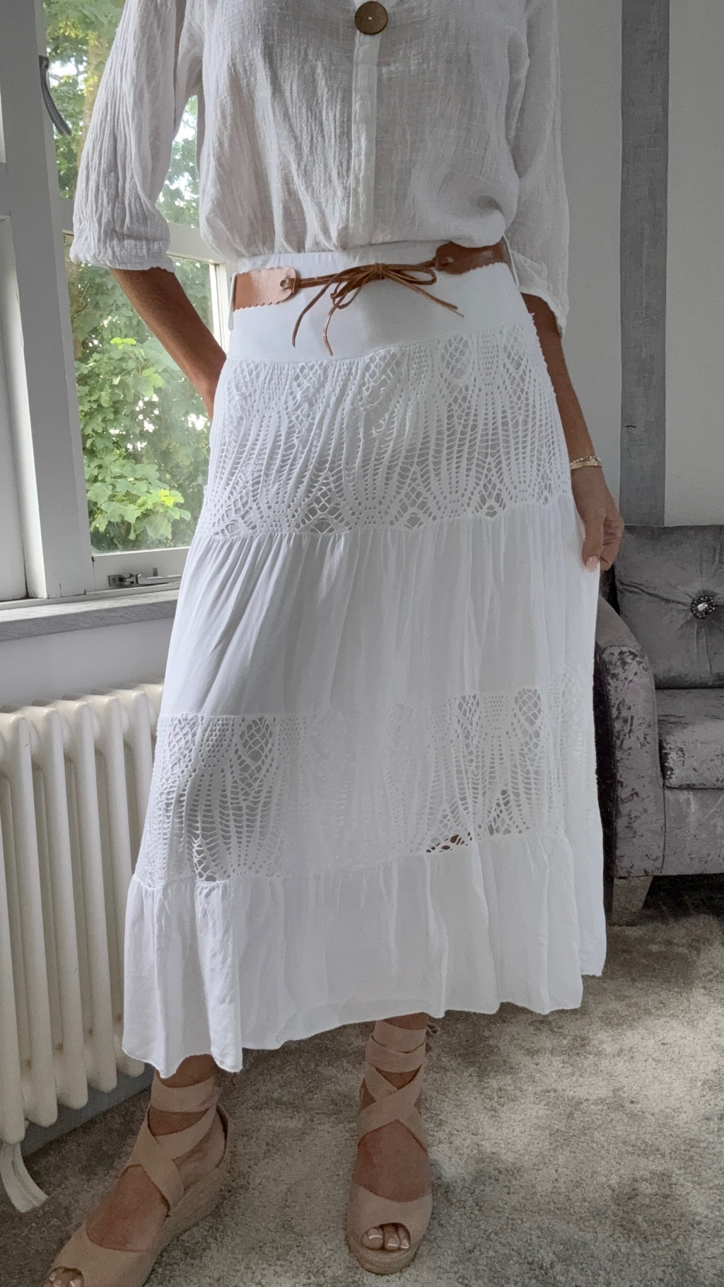 Lace Panel Maxi Skirt - White
