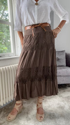 Lace Panel Maxi Skirt - Brown