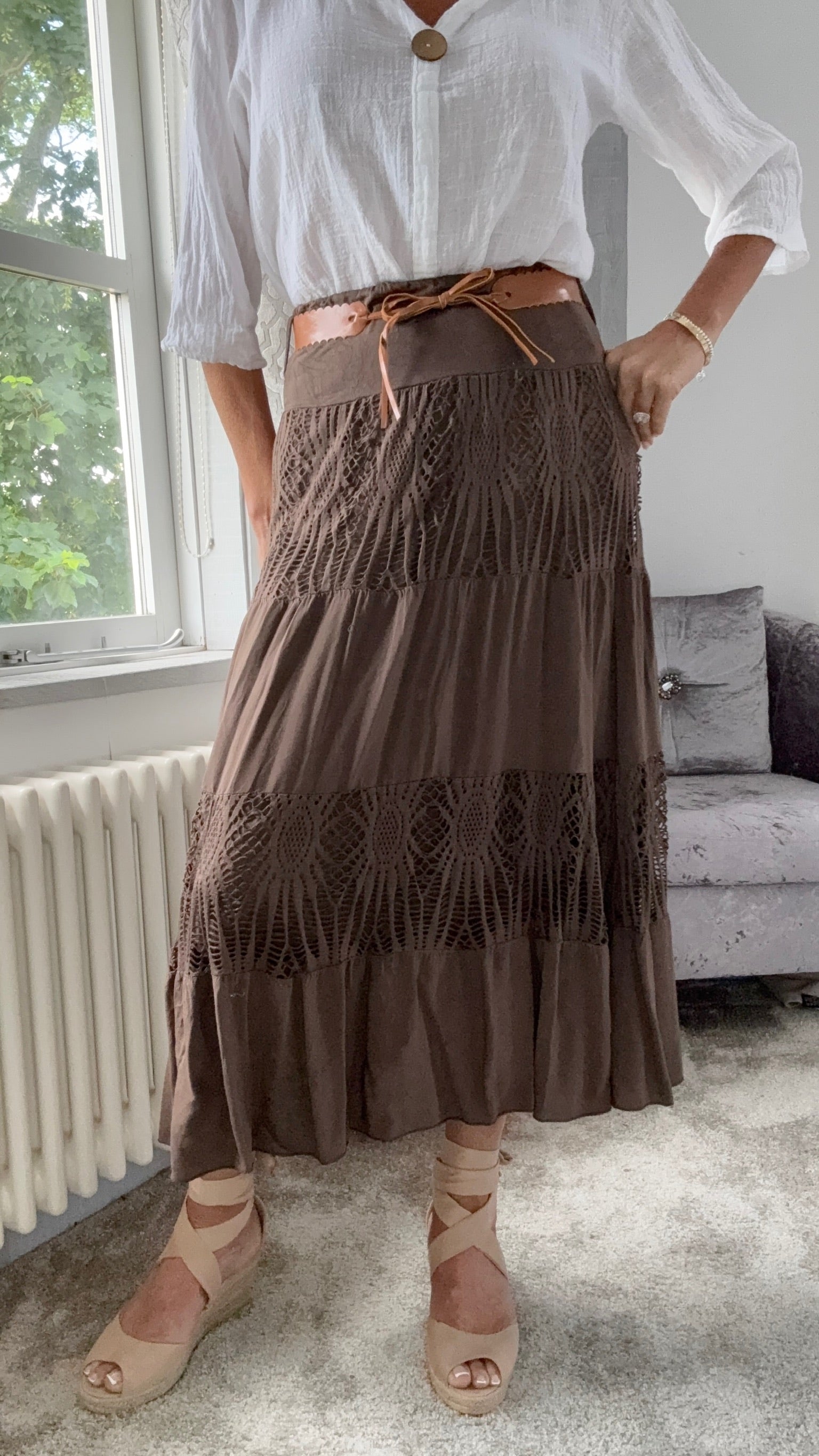 Lace Panel Maxi Skirt - Brown