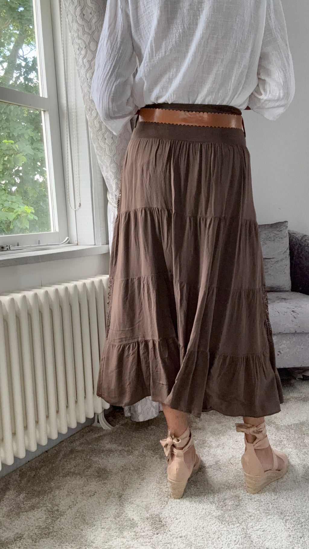 Lace Panel Maxi Skirt - Brown