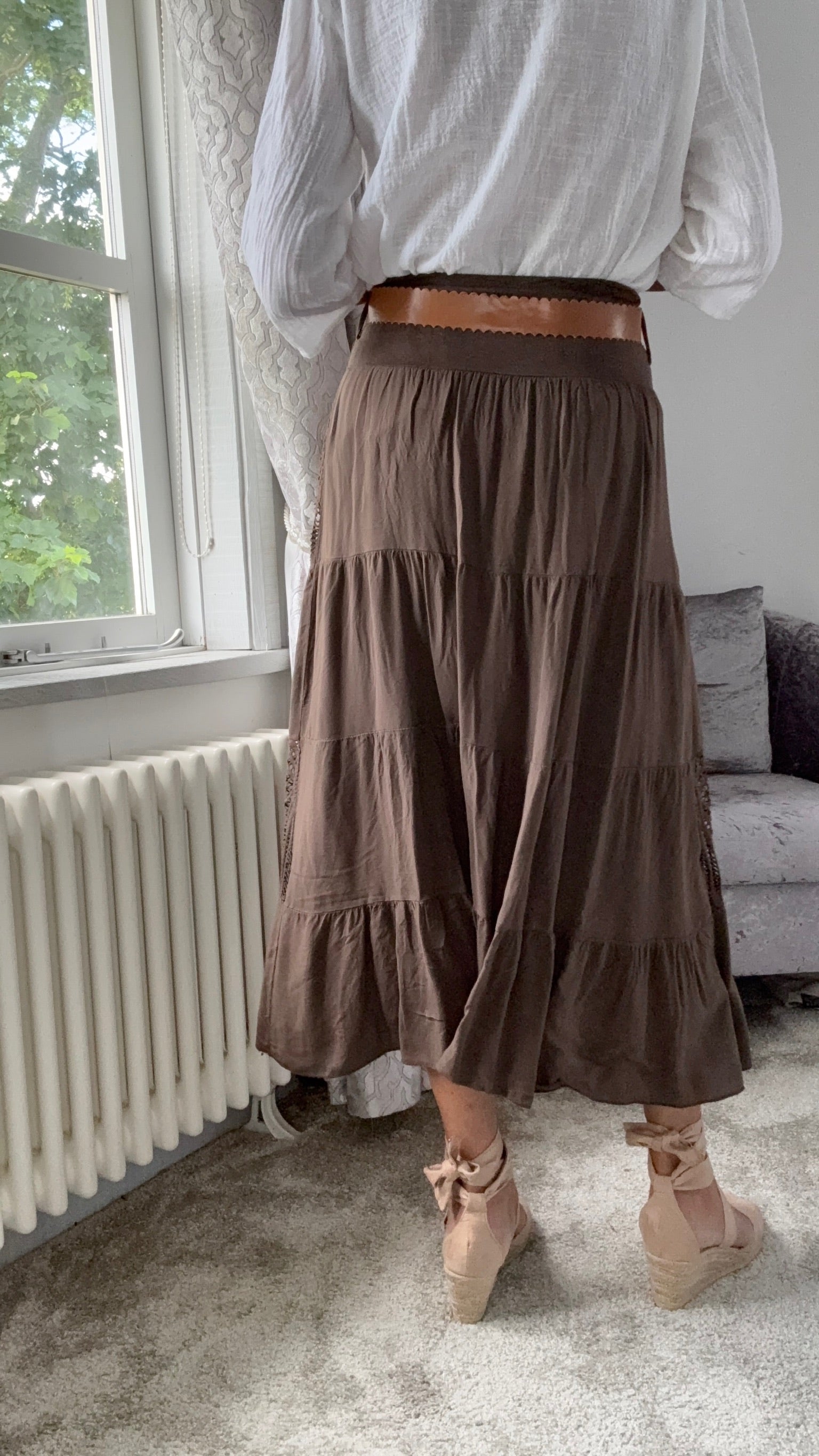 Lace Panel Maxi Skirt - Brown