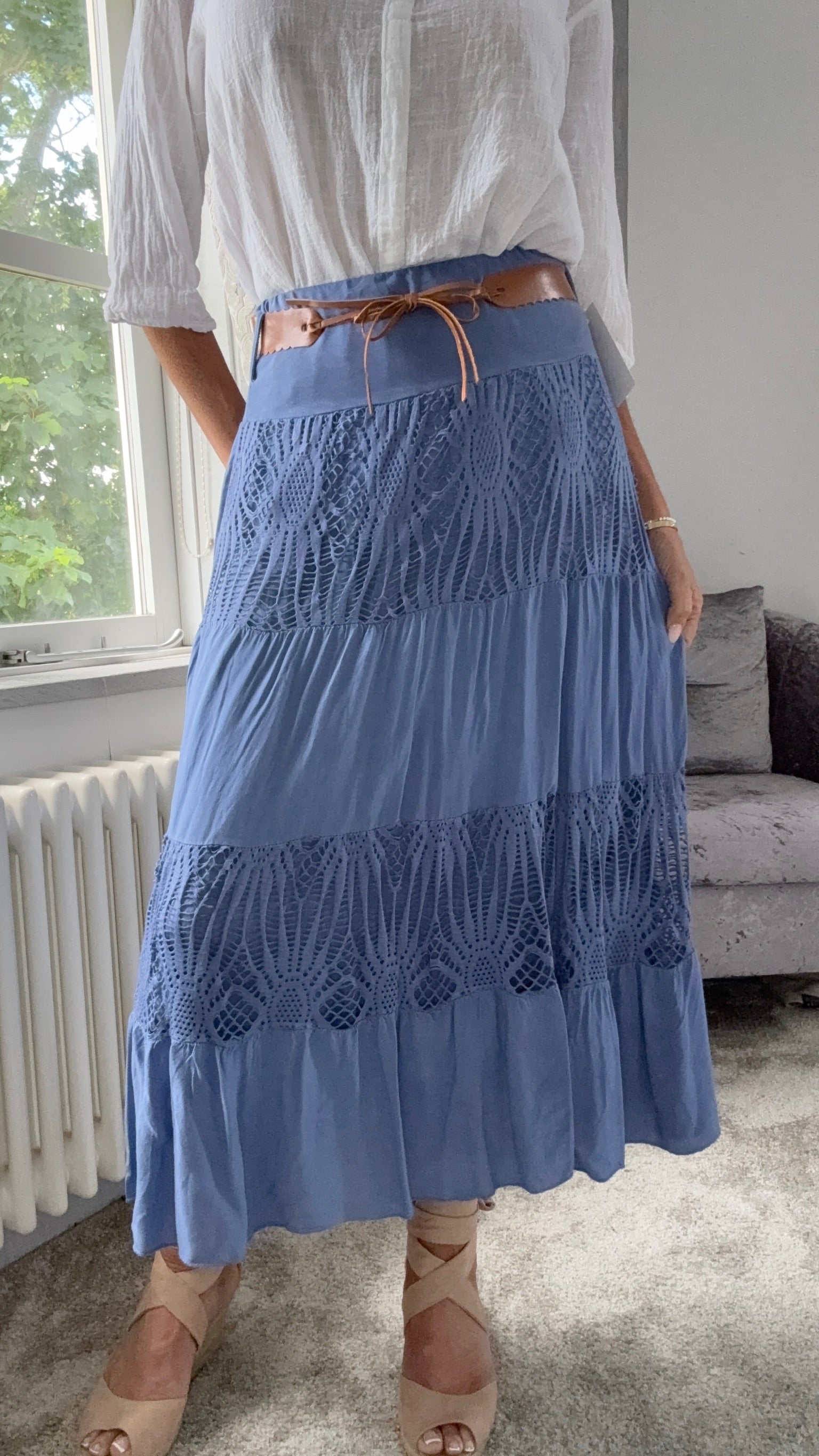 Lace Panel Maxi Skirt - Blue