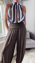 Striped Halterneck Tie Top - Chocolate & Blue