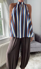 Striped Halterneck Tie Top - Chocolate & Blue