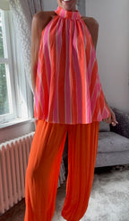 Striped Halterneck Tie Top - Coral & Pink
