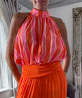 Striped Halterneck Tie Top - Coral & Pink