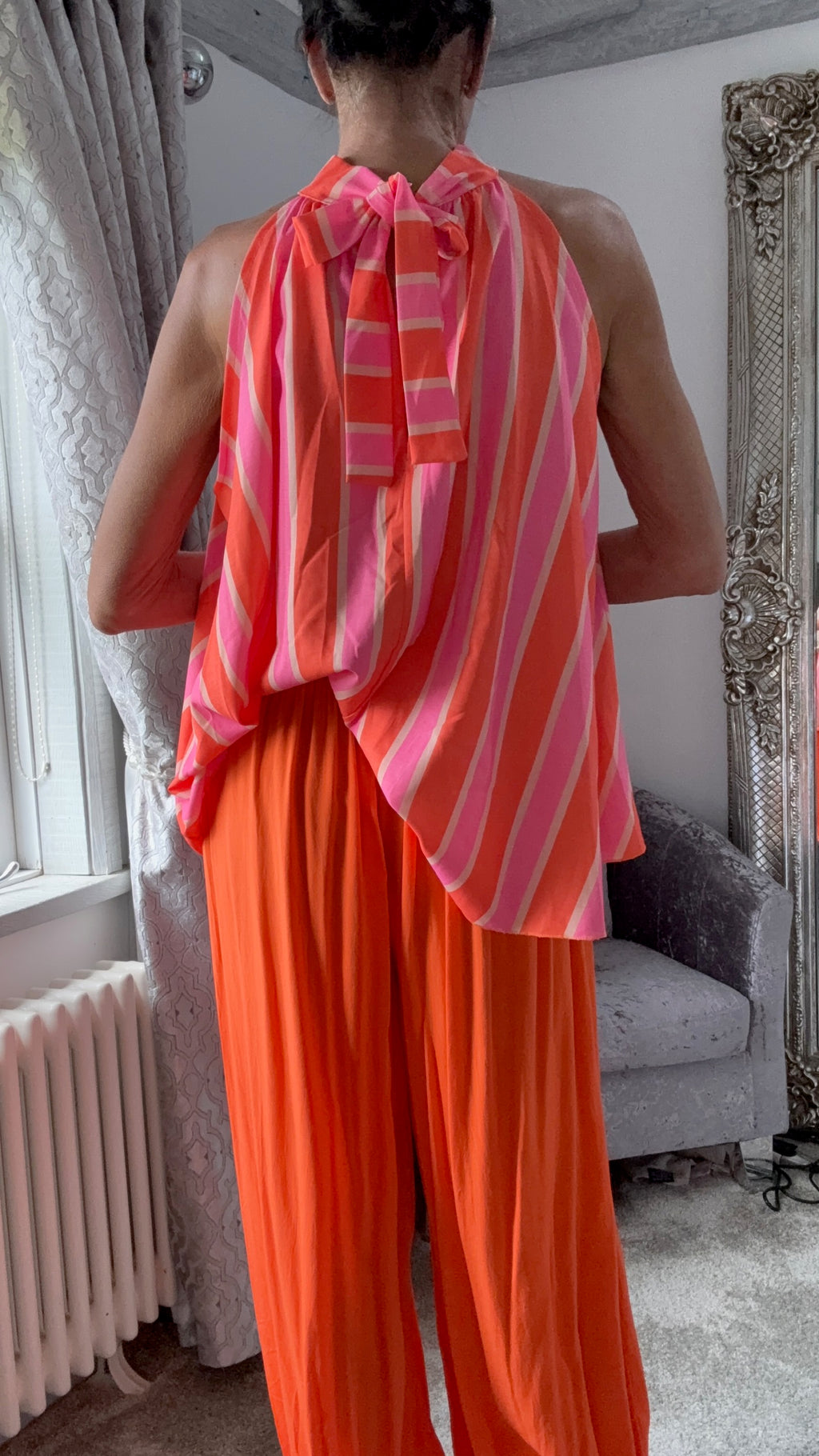 Striped Halterneck Tie Top - Coral & Pink