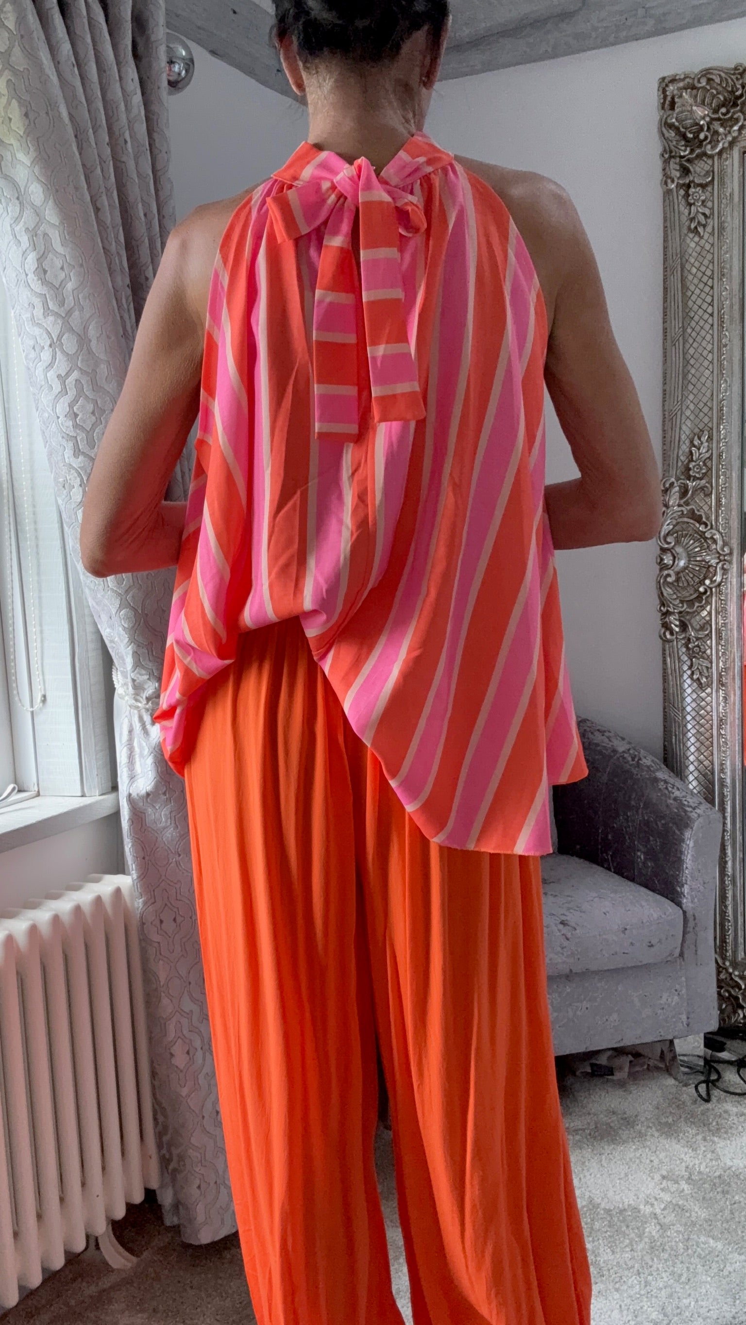 Striped Halterneck Tie Top - Coral & Pink