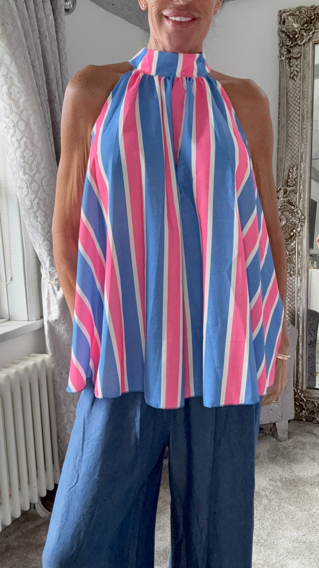 Striped Halterneck Tie Top - Pink & Blue
