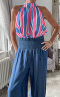 Striped Halterneck Tie Top - Pink & Blue