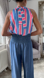 Striped Halterneck Tie Top - Pink & Blue