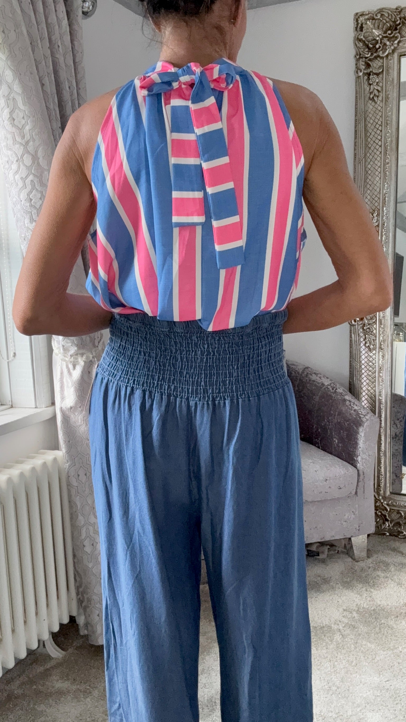 Striped Halterneck Tie Top - Pink & Blue
